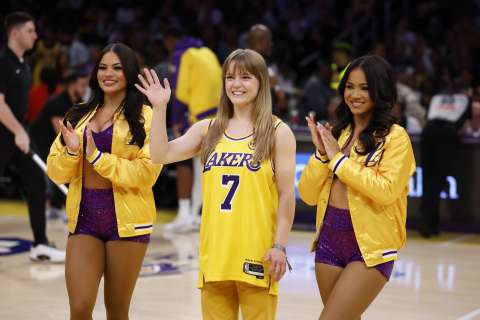 Rachel Tatem and Laker Girls on the basketball court