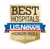 Gold badge with "Best Hospitals" at the top, a blue ribbon with "U.S. News & World Report," and "Honor Roll 2025-2026" below.